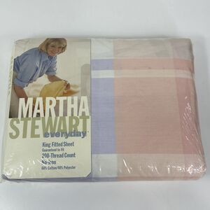 Martha Stewart King Fitted Sheet Pastel Plaid No Iron Purple Blue 200 Count